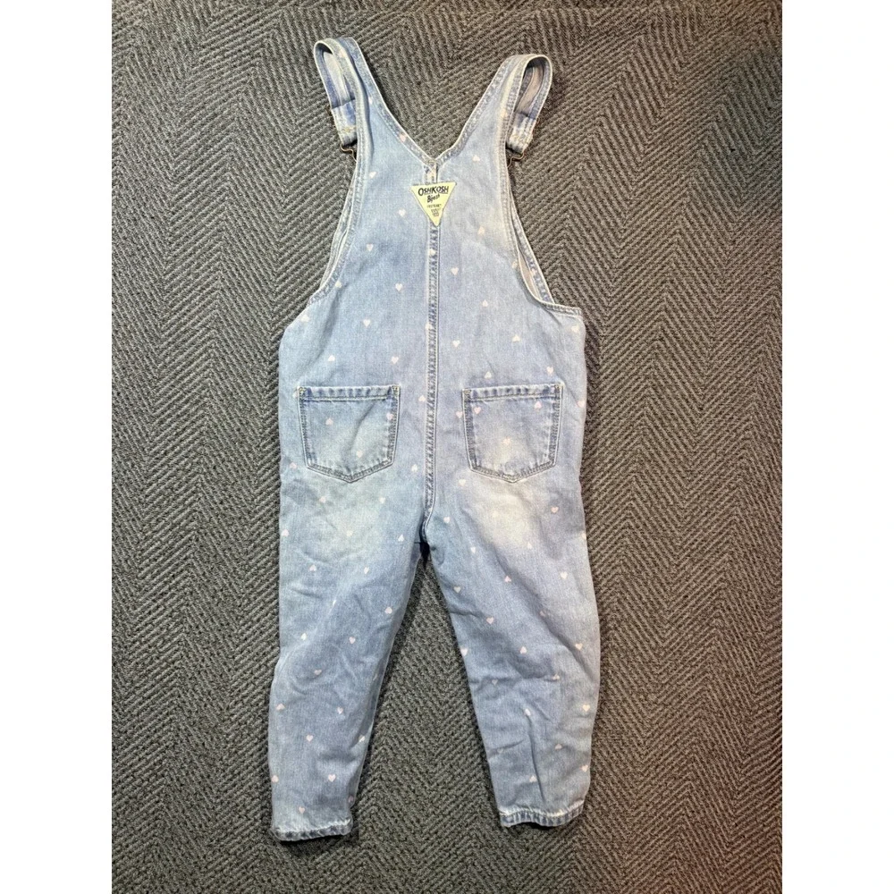 Vintage Oshkosh B'Gosh Denim Heart Print Overalls Girls Size 3T Light Wash
